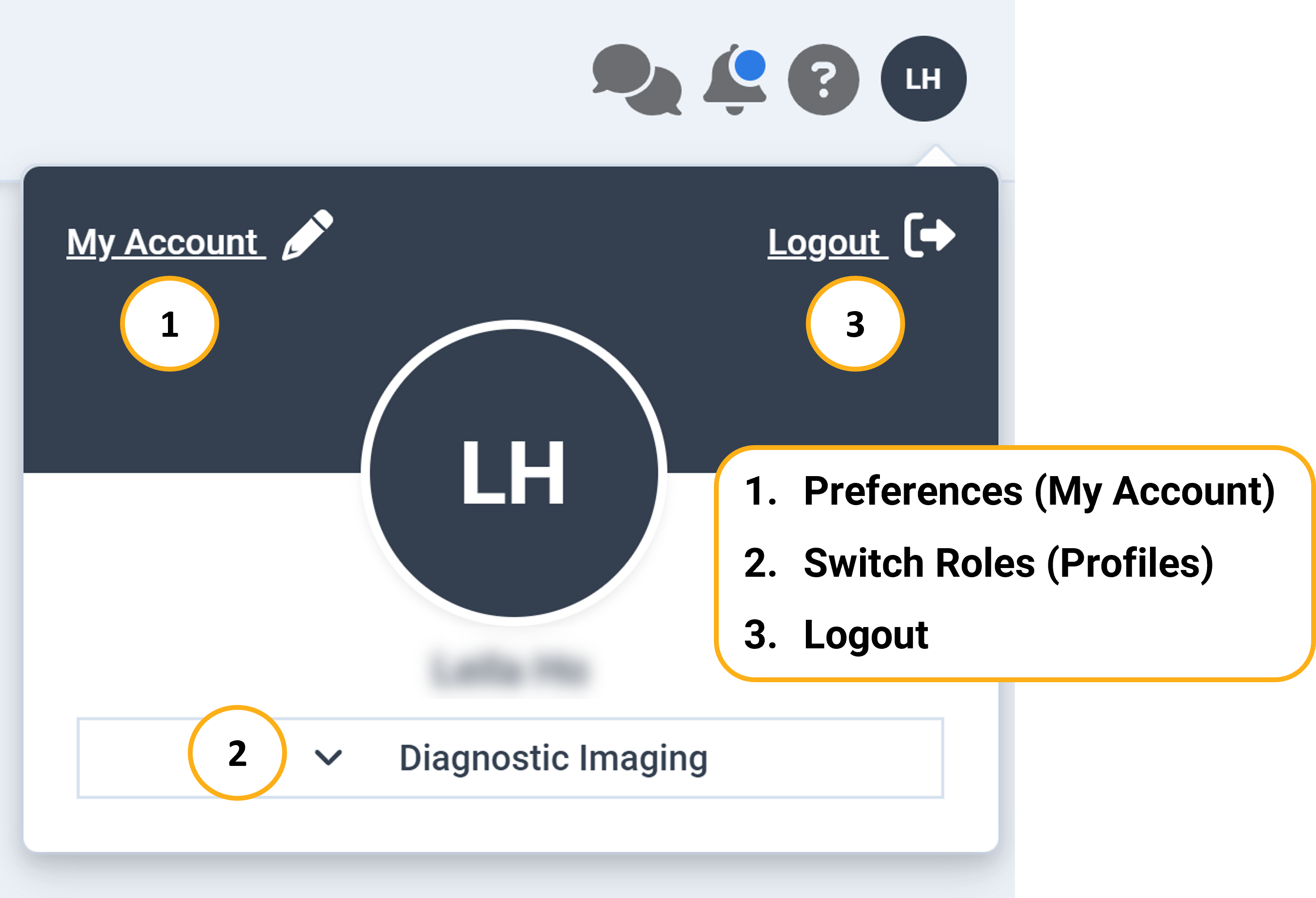 account details box. Preferences (my account), switch roles, and logout